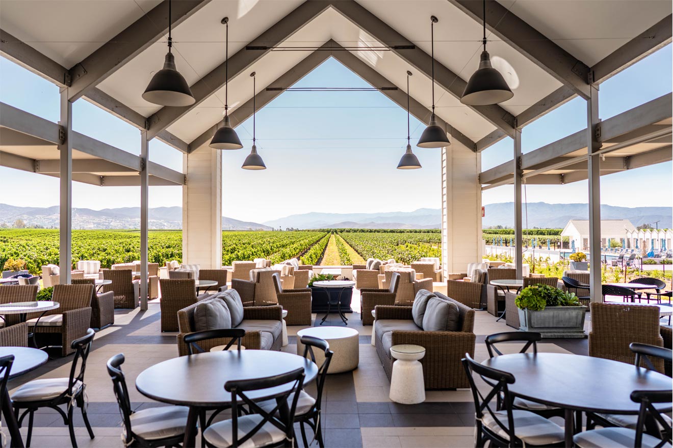 open restaurant with vineyard in backdrop