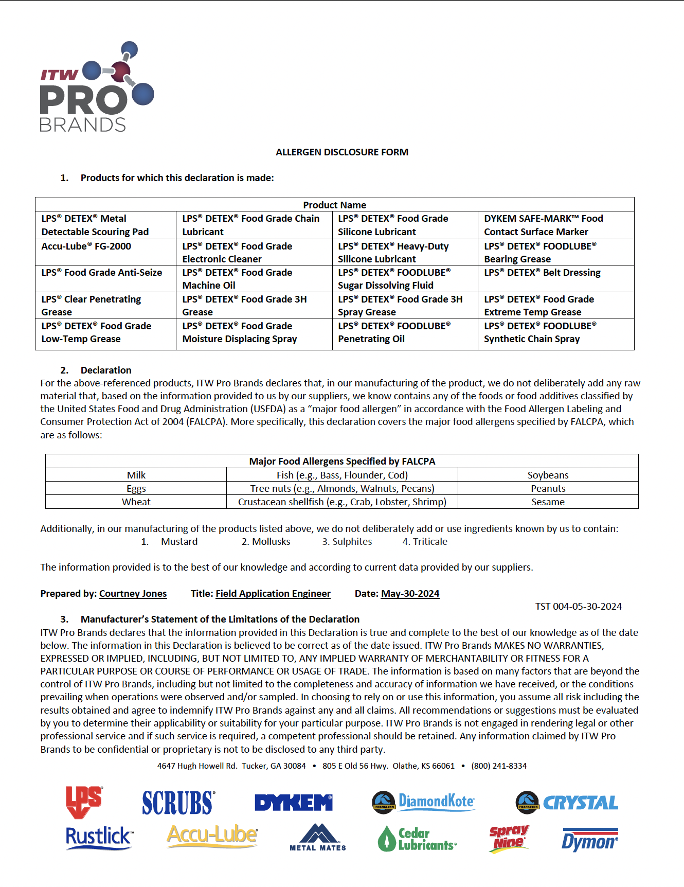 Allergen Disclosure Form